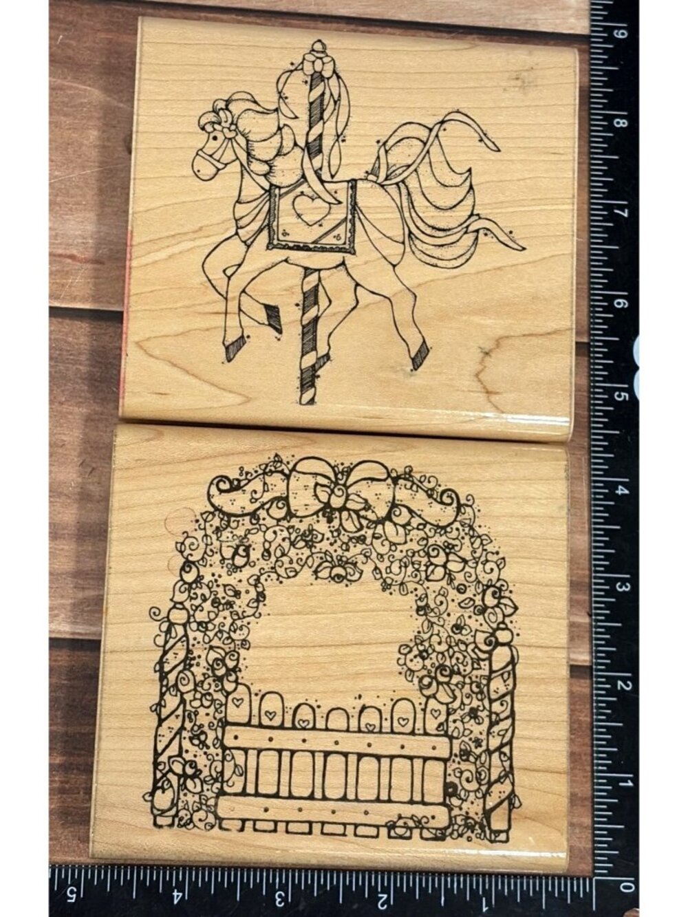 Lot of 2 DOTS Carousel Horse R-103 & Rose Garden C-118 Wood Mounted Rubber Stamp